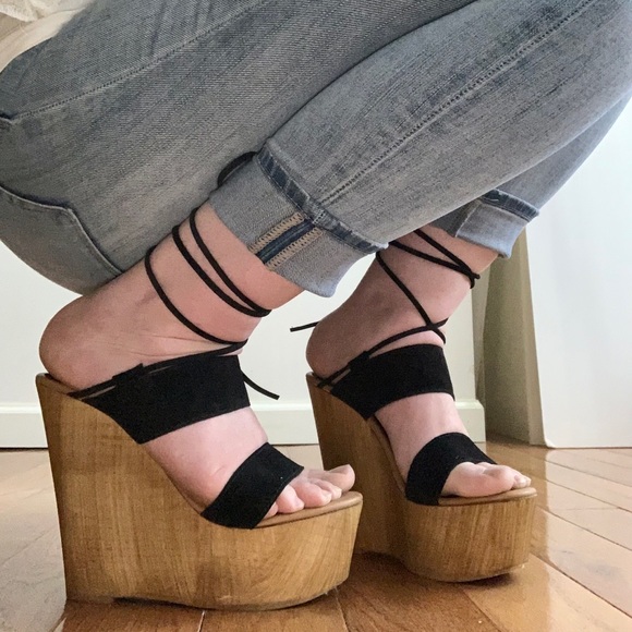 Steve Madden Beachbar Wedge Platform Black Tan 9 Suede wooden heel - Picture 10 of 16